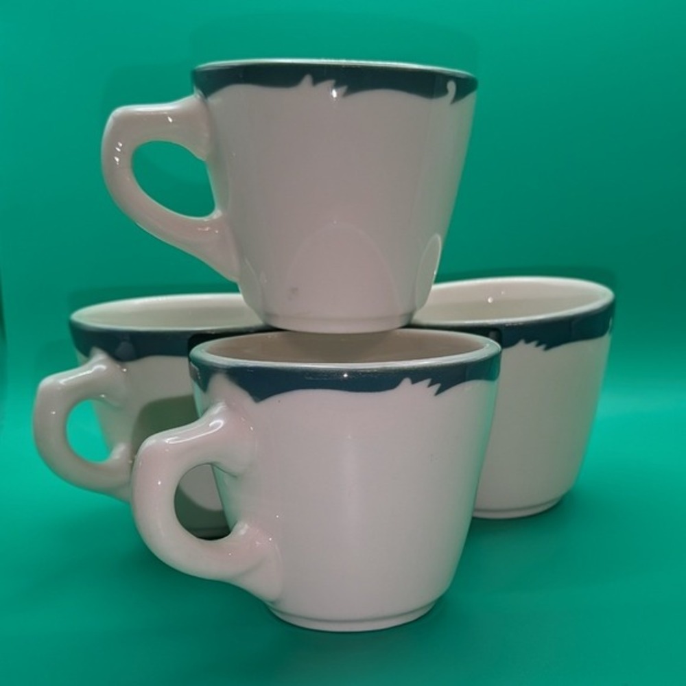 Vintage Syracuse China Coffee Mugs Set of 4 Teal Scroll Rim Restaurant Ware USA